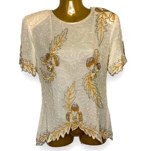 Vtg cream silk luxury sequin bead work gold silver floral leaf art wear S
